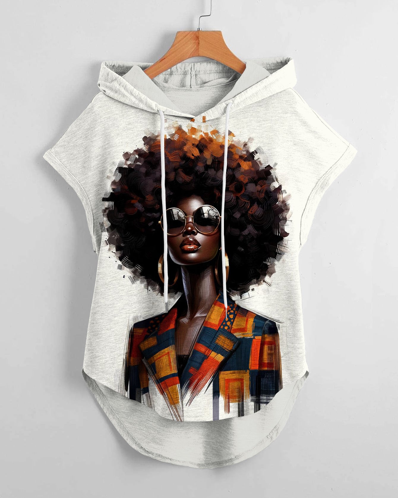 Afro Woman with Glasses Low Hem Drawstring Hooded Tee