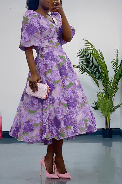 Stylish Puff Sleeve Botanical Print Dress