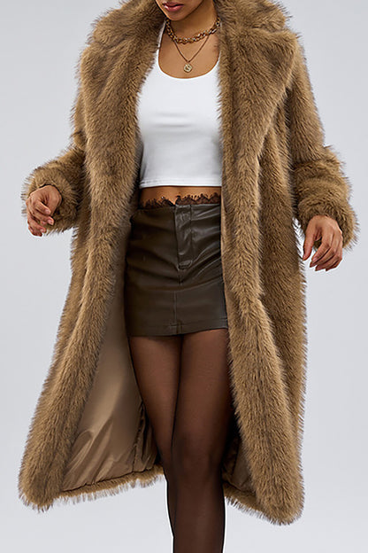 Faux Fur Turndown Collar Long Sleeve Fuzzy Overcoat-Camel