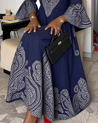 Women Fashion Elegant Formal Round Neck 3/4 Sleeves Pattern Maxi Dress