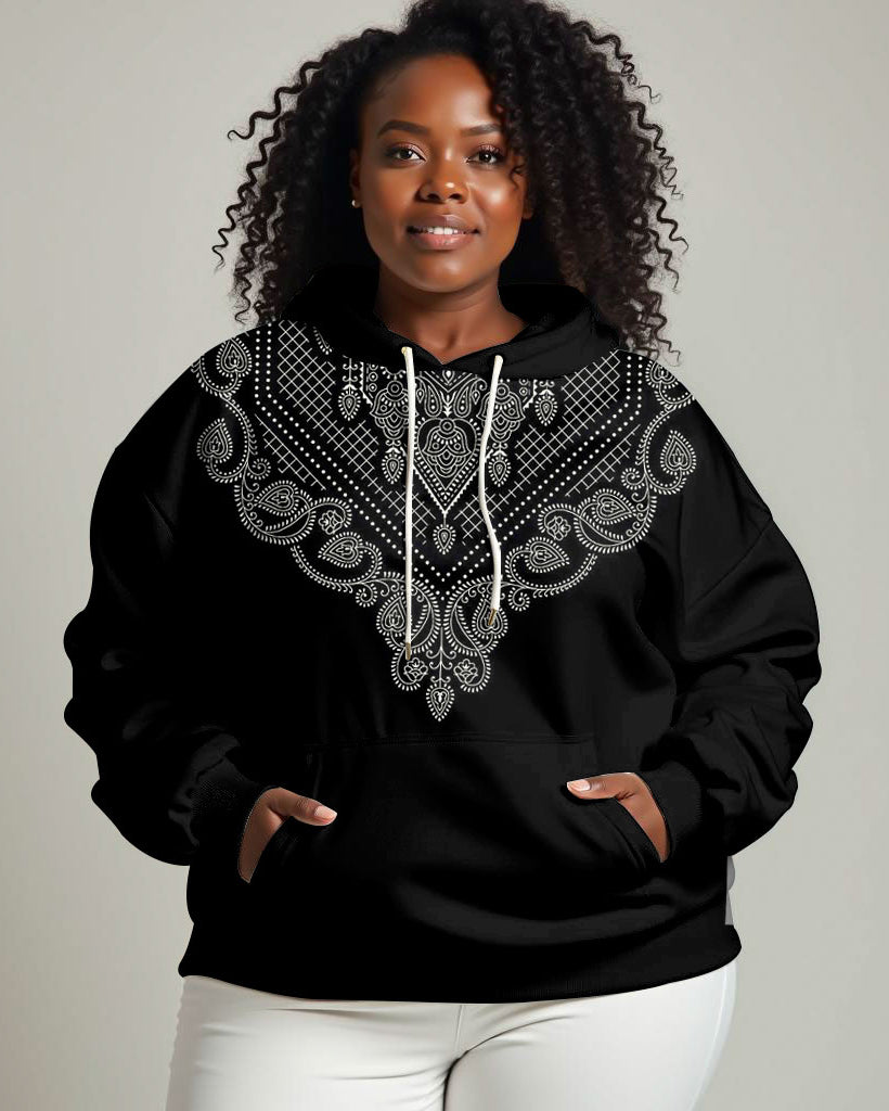 Women's Casual Geometric Ethnic Pattern Print Long-sleeved Hoodie