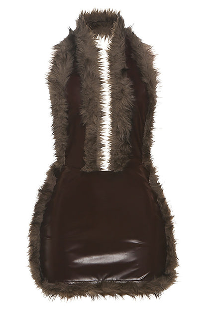 Furry Trim Deep V Neck Halter Faux Leather Bodycon Mini Dresses-Black