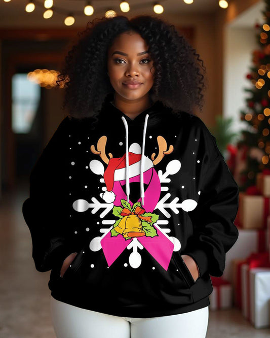 Women Christmas Breast Cancer Awareness Print Long-sleeved Hoodie