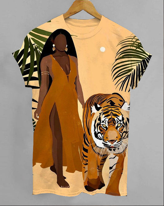 Artistic Human And Tiger Short Sleeve Casual T-Shirt