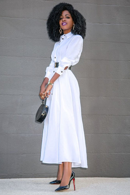 Long Sleeve Button Up Slit Daily Maxi Shirt Dresses-White [Pre Order]