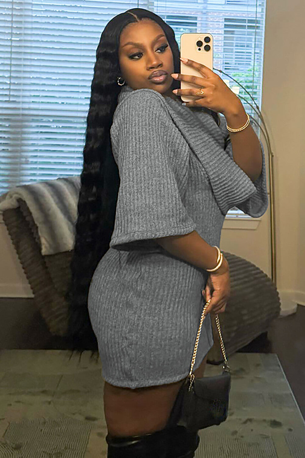 Cowl Neckline Half Sleeve Knit Bodycon Solid Color Sweater Mini Dresses-Gray