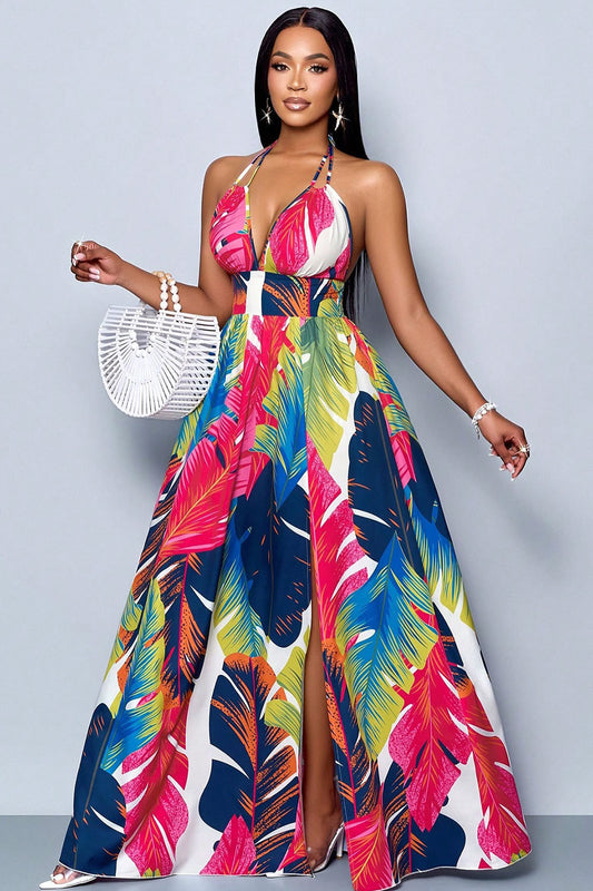 Leaf Print Halter V Neck Backless Vacay Maxi Dresses-Multicolor [Pre Order]