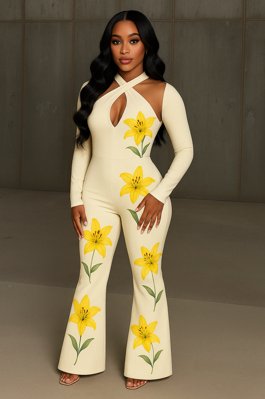 Graceful and Fashionable Long Sleeve Halterneck Printed Tight Jumpsuit