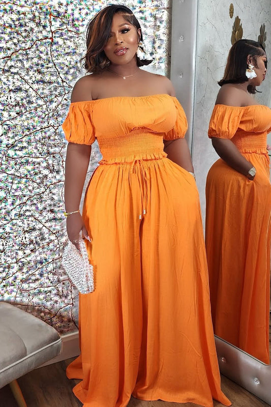 Puff Sleeve Ruched Top Wide Leg Pants Daily 2pcs Set-Orange [Pre Order]
