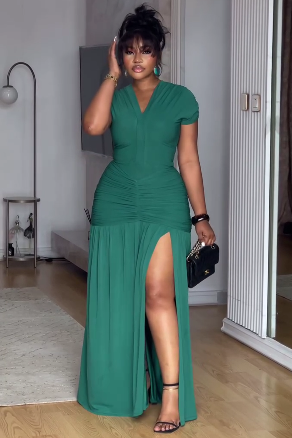 V Neck Cap Sleeve Ruched Dropped Waist Daily Maxi Dresses-Green [Pre Order]