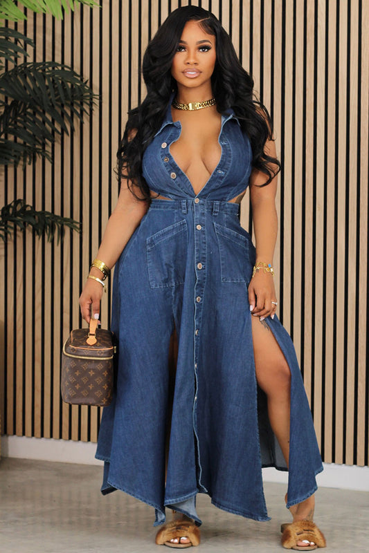 Halter Lapel Denim Cutout Button Slit Maxi Dresses