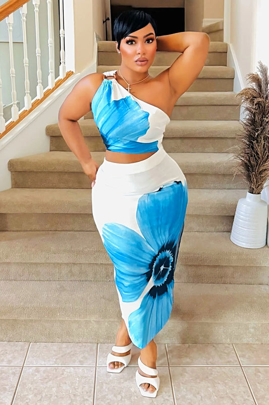 One Shoulder Top Floral Print Slim-Fit Maxi Skirt 2pcs Set-White [Pre Order]