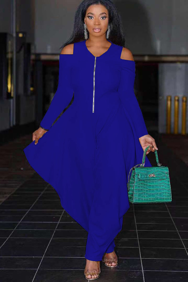 Cold Shoulder Half Zip Irregular Harem Casual Jumpsuit