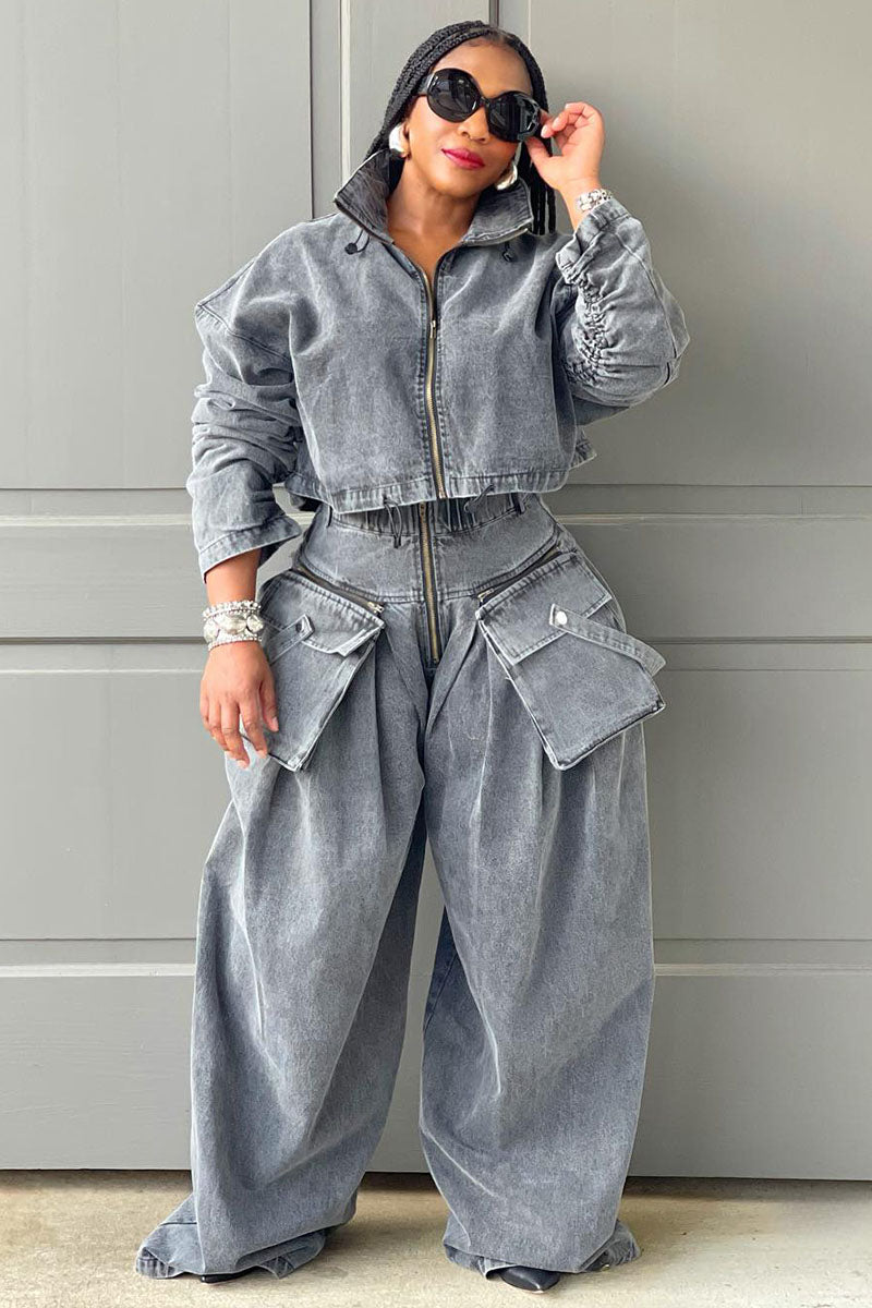 Denim Zip Long Sleeve Crop Jacket Pockets Wide Leg Pants Matching Set-Grey