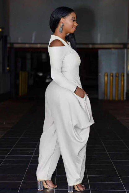 Cold Shoulder Half Zip Irregular Harem Casual Jumpsuit