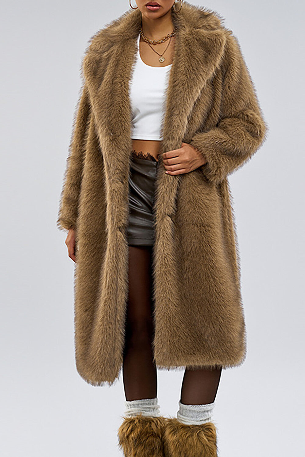Faux Fur Turndown Collar Long Sleeve Fuzzy Overcoat-Camel