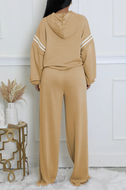 Colorblock Trim Long Sleeve Hoodie Straight Leg Pants Casual 2pcs Set-Black