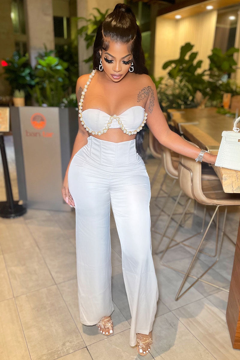 Pearls Decor One Shoulder Strapless Crop Top High Waist Straight Leg Two-Piece Set