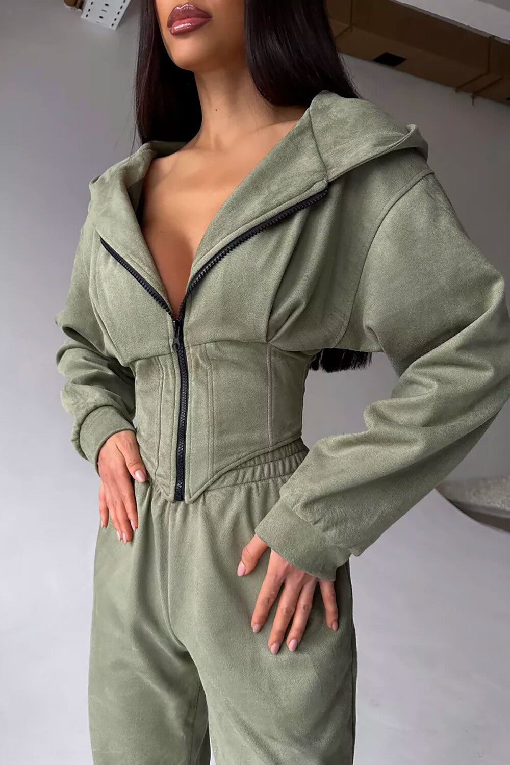 Zip-Up Cinch Waist Hooded Track Jacket Solid Color Pants 2pcs Set-White