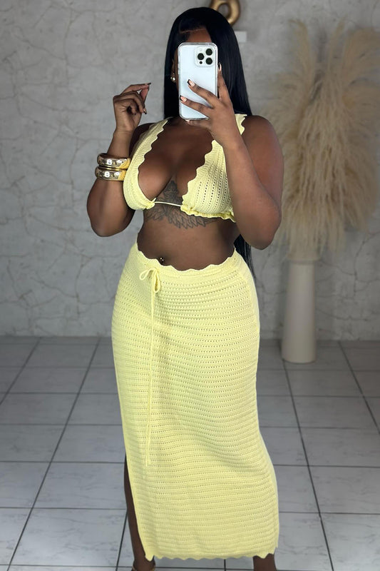 Wavy Trim Bikini Top Slit Maxi Skirt Vacay Knit 2pcs Set-Yellow [Pre Order]
