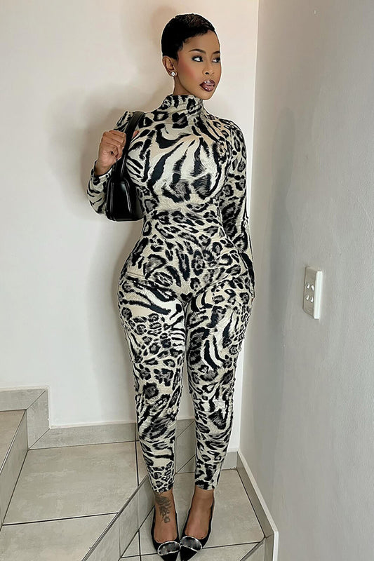 Leopard Print High Neck Long Sleeve Slim Fit Jumpsuit-Grey