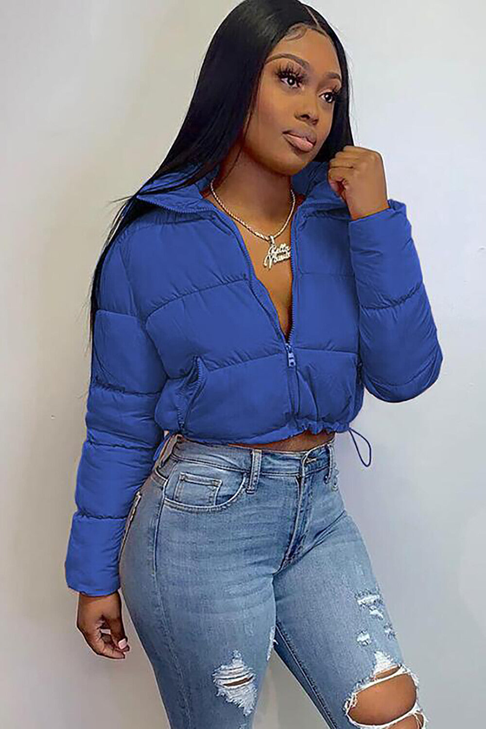 Turndown Collar Long Sleeve Zip-Up Solid Color Crop Down Coat-Orange