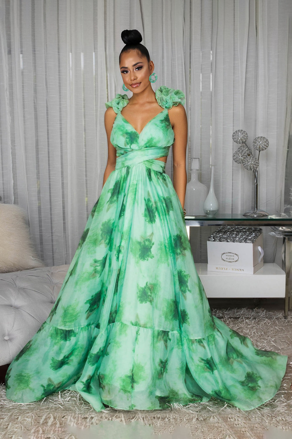 Floral Print Rosette V Neck Cutout Party Maxi Dresses-Green [Pre Order]
