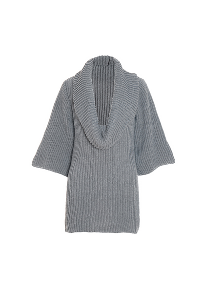 Cowl Neckline Half Sleeve Knit Bodycon Solid Color Sweater Mini Dresses-Gray