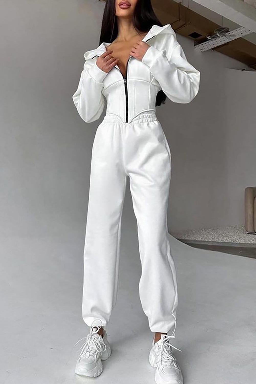 Zip-Up Cinch Waist Hooded Track Jacket Solid Color Pants 2pcs Set-White