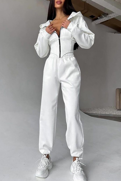 Zip-Up Cinch Waist Hooded Track Jacket Solid Color Pants 2pcs Set-White