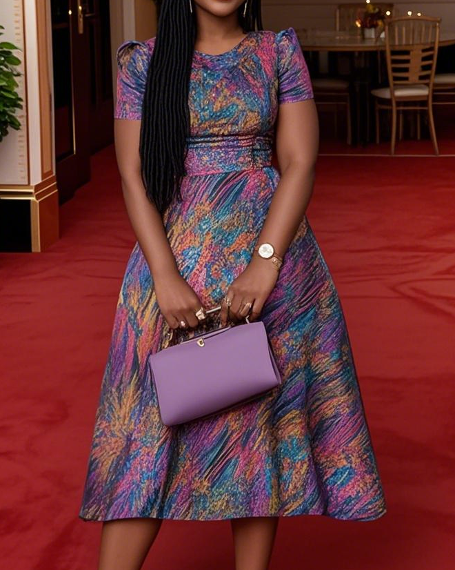 Women's Summer Elegant Round Neck Short Sleeve Pattern Midi Dress