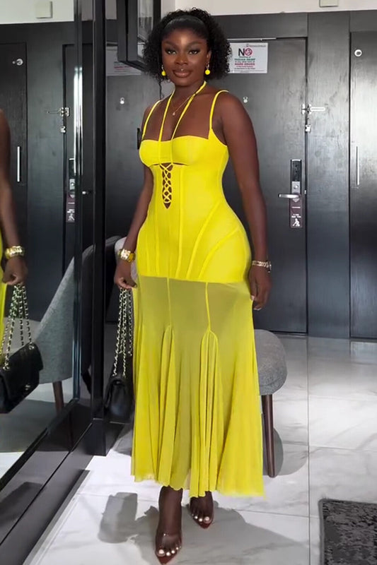 Cami Halter Lace-Up Godet Mesh Hem Party Maxi Dresses-Yellow [Pre Order]