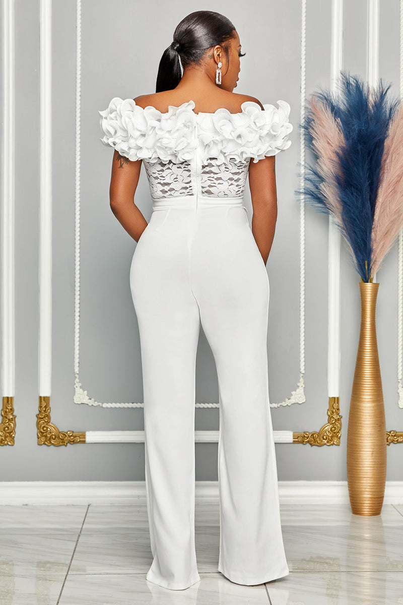 Petal Trim Off Shoulder Lace Patchwork High Waist Straight Leg White Jumpsuit