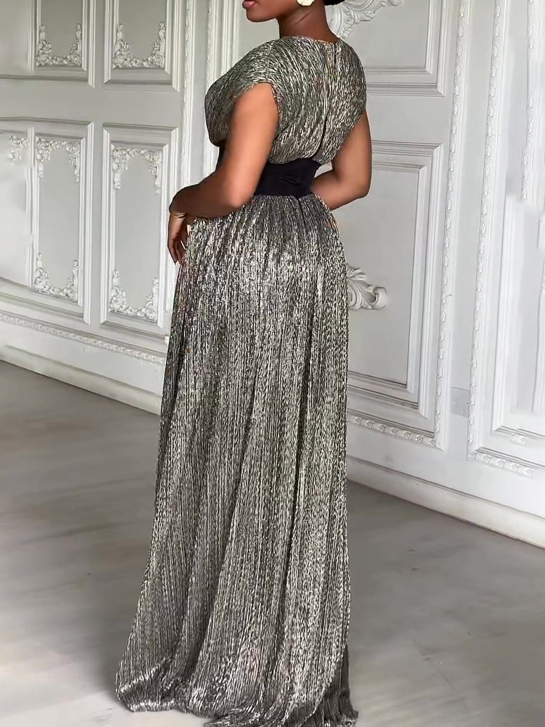Elegant Shimmery Silver Maxi Dress With Contrast Waist