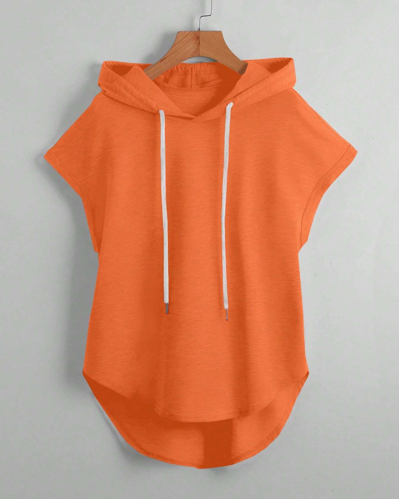 Pure Solid Color High Low Hem Drawstring Hooded Tee