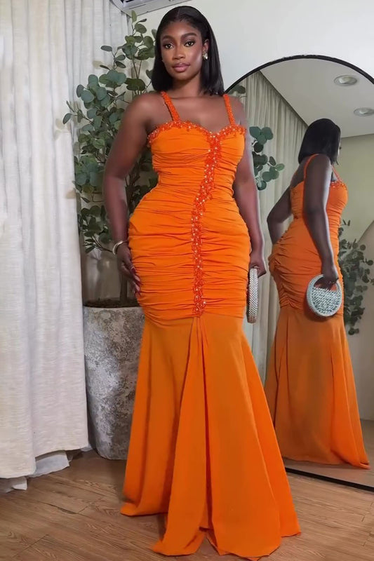 Sequin Decor Ruched Cami Party Maxi Fishtail Dresses-Orange [Pre Order]