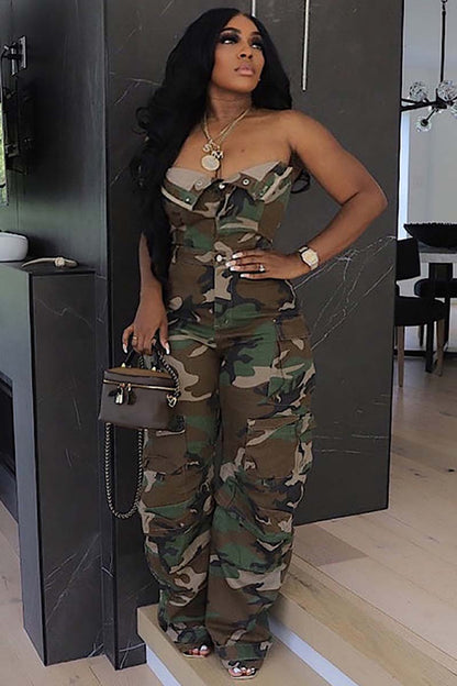 Camo Print Button Up Strapless Pocket Wide Leg Cargo Jumpsuit