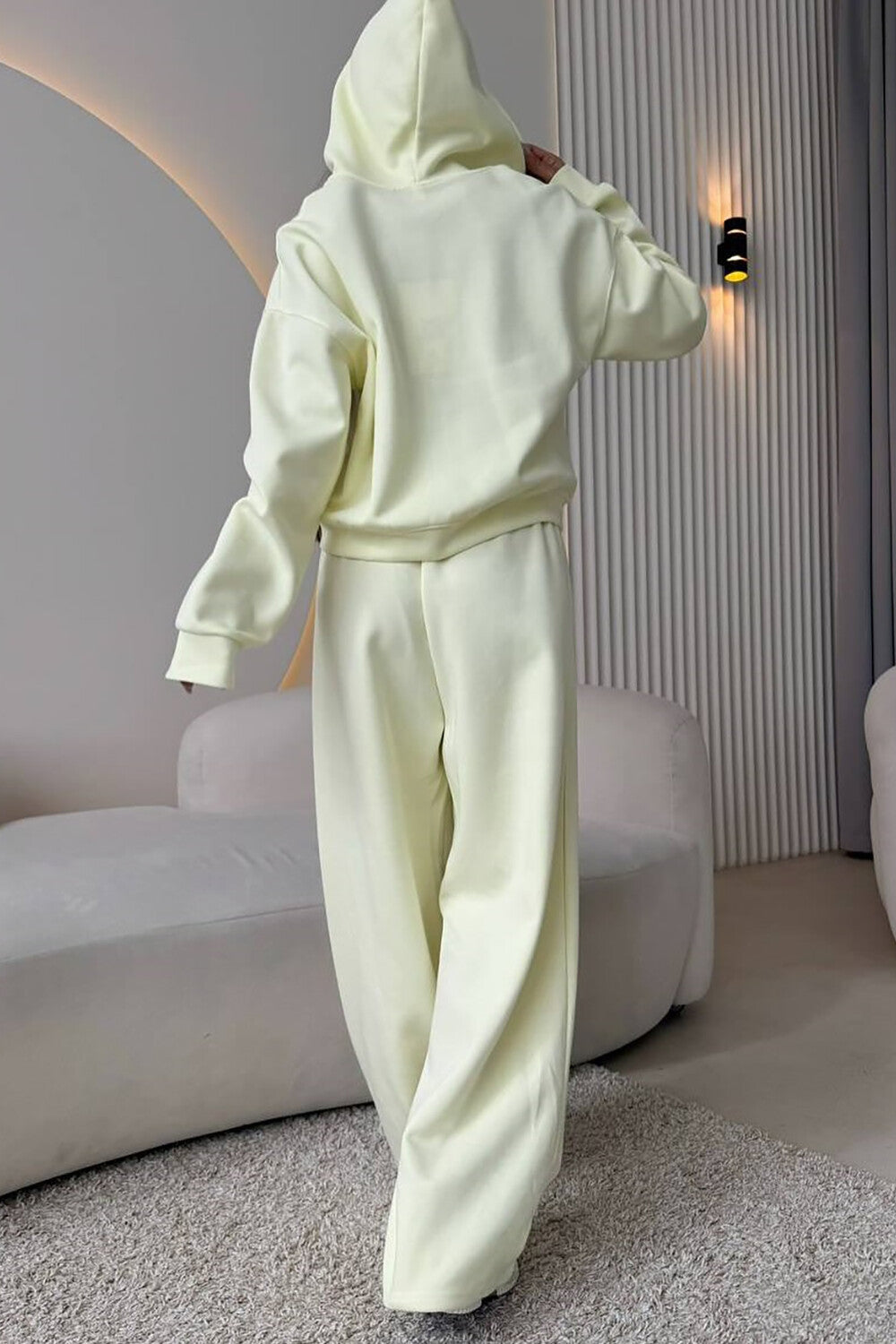 Zip-Up Hooded Track Jacket Solid Color Wide Leg Pants Matching Set-Pink