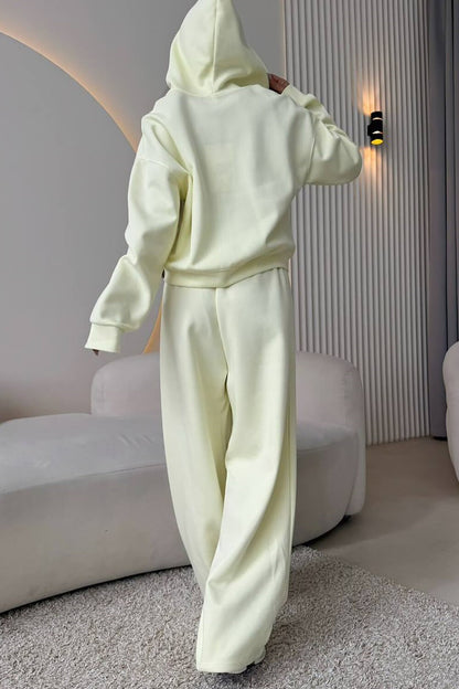 Zip-Up Hooded Track Jacket Solid Color Wide Leg Pants Matching Set-Pink