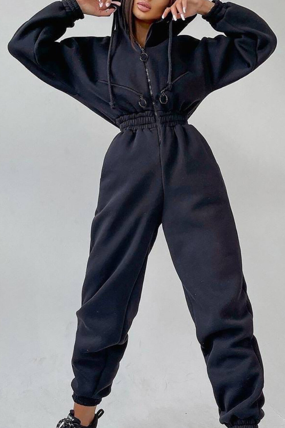 Zip-Up Cinch Waist Long Sleeve Hooded Solid Color Casual Jumpsuit-Green