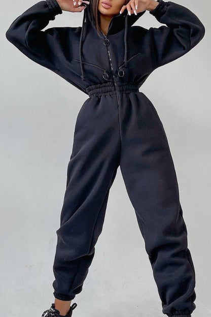 Zip-Up Cinch Waist Long Sleeve Hooded Solid Color Casual Jumpsuit-Green