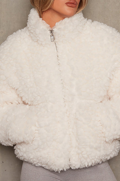 Zip-Up High Neck Long Sleeve Solid Color Fuzzy Coat-OffWhite