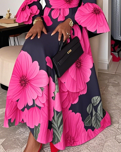 Women Fashion Elegant Formal Round Neck 3/4 Sleeves Floral Pattern Maxi Dress