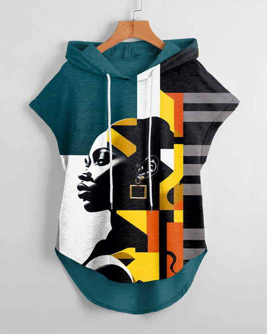 Black Woman Geometric Patchwork Drawstring Hooded Tee