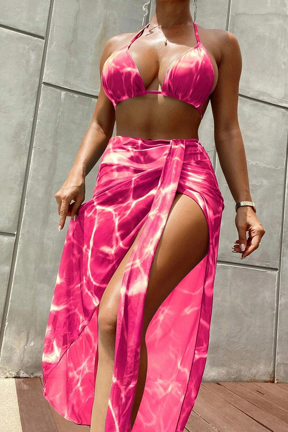 Ripple Print High Slit Maxi Skirt Halter Bikini Swimsuit 3pcs Set-Blue