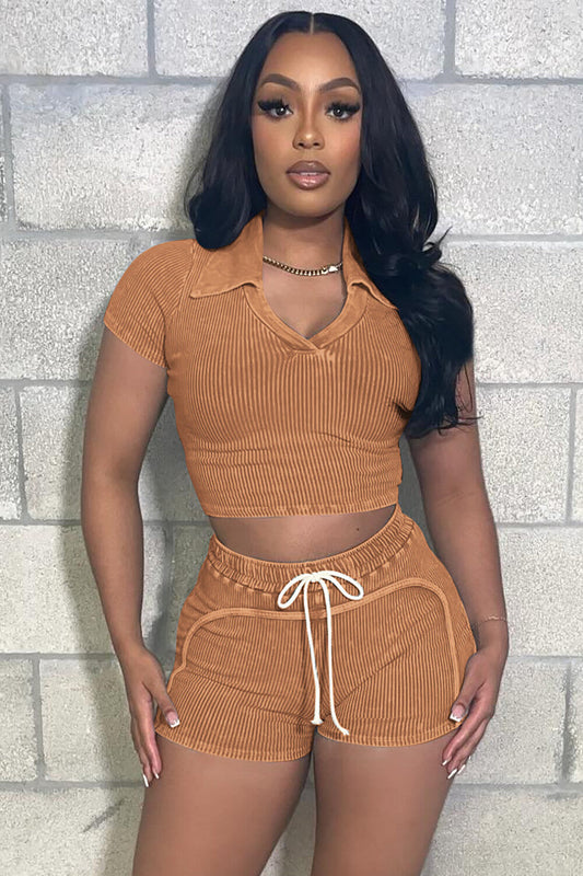 Pleated Solid Color Knit Short Sleeve Crop Top Tie Up Shorts 2pcs Set-Khaki
