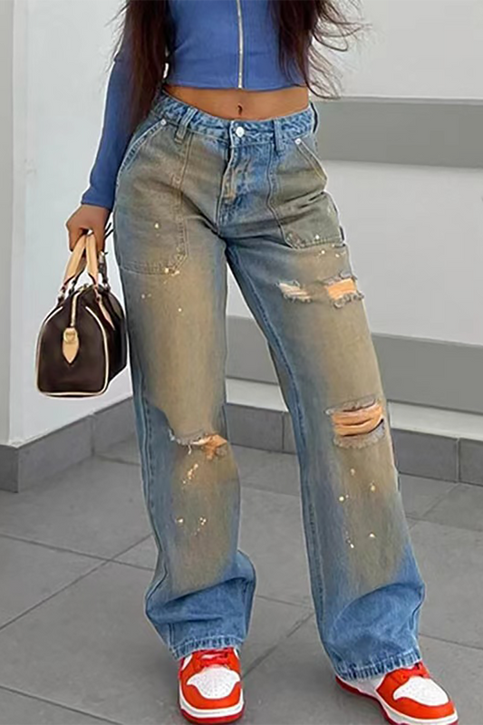 Denim Distressed Raw Edge Ripped Straight Leg Jeans-Blue