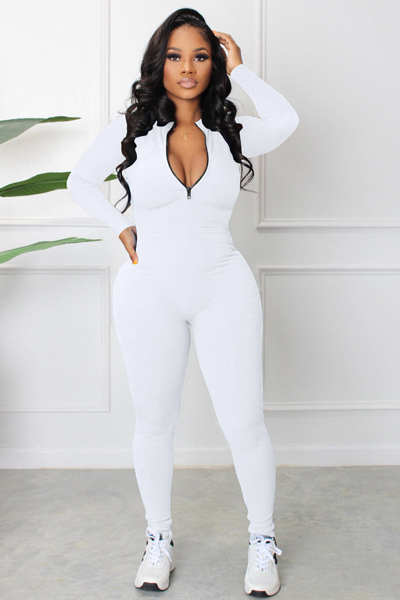 Knit Bodycon Long Sleeve Zipper Sporty Jumpsuit