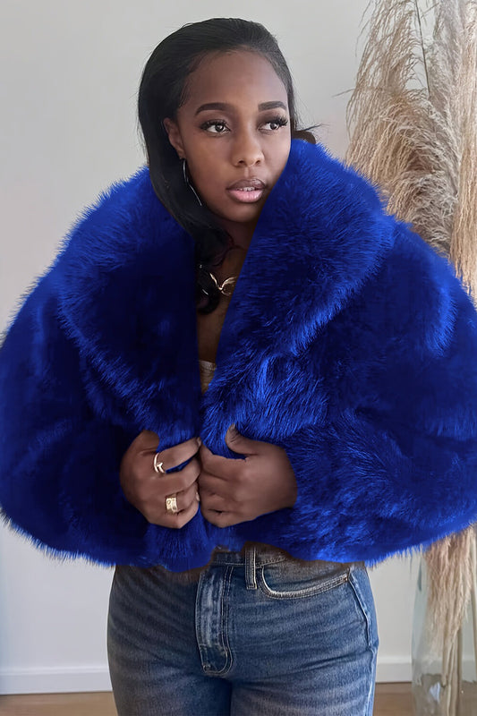 Faux Fur Long Sleeve Turndown Collar Solid Color Crop Coat-Blue