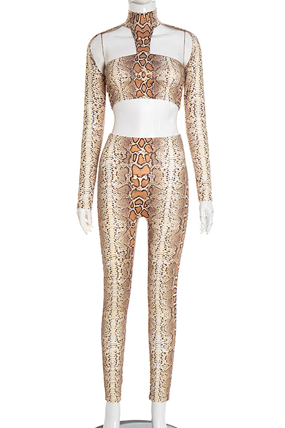 Snake Pattern High Neck Cutout Crop Top Skinny Pants 2pcs Set-Beige